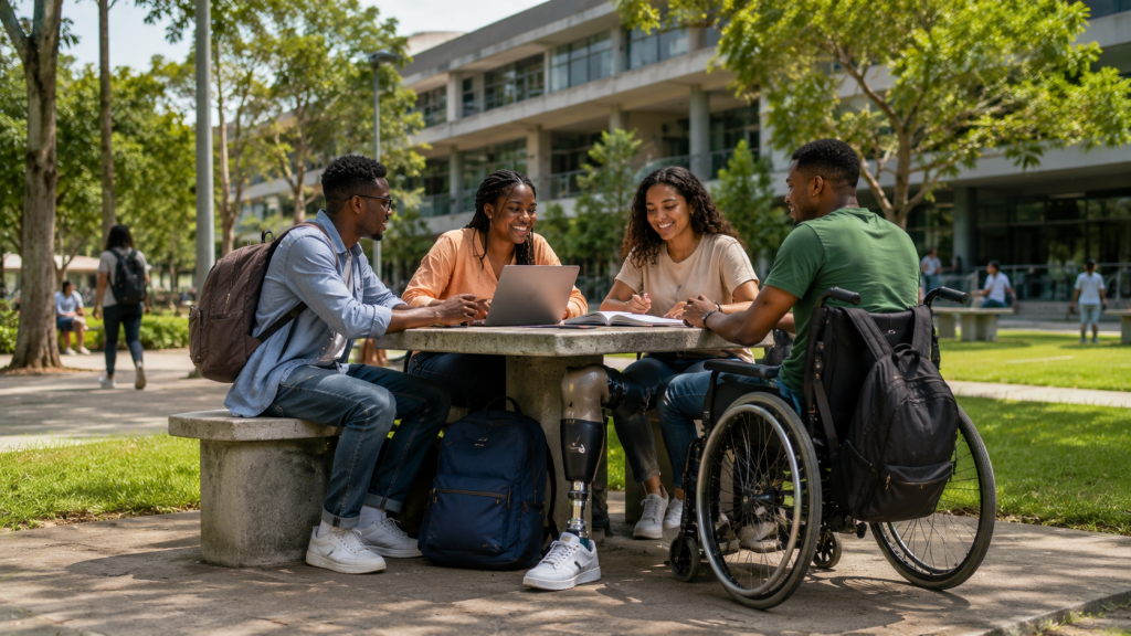 A university student using a wheelchair studies on campus with support from the Exxaro Disability Bursary Programme.