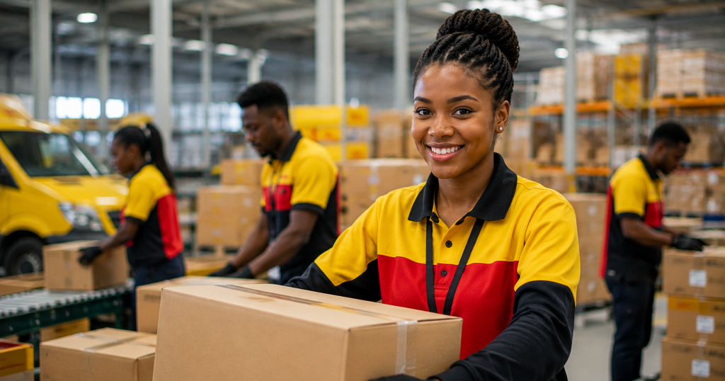 Young South African logistics learners gaining practical warehouse and supply-chain experience during a DHL youth employment programme.