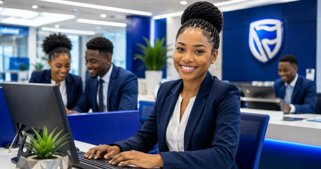 Young professionals in a modern banking environment during a Standard Bank learnership programme.