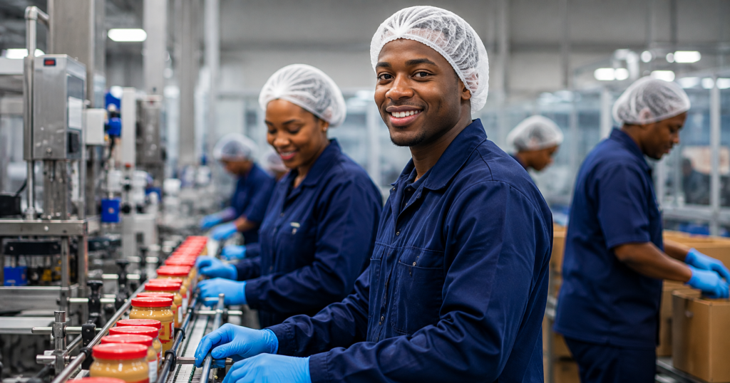 Tiger Brands manufacturing workers performing general production duties in a South African FMCG facility.