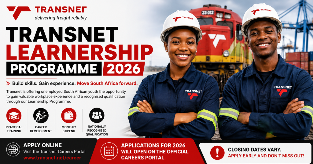 oung South African learners receiving practical logistics and rail industry training through the Transnet Learnership Programme 2026.