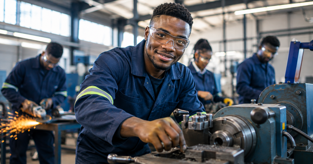 Experienced South African artisan working with industrial equipment during skills assessment and trade training